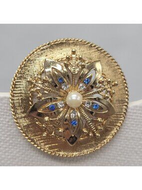 Vtg Signed Hayward Karatclad Gold Tone Round Brooch Pin Faux Pearl Blue Rhinesto